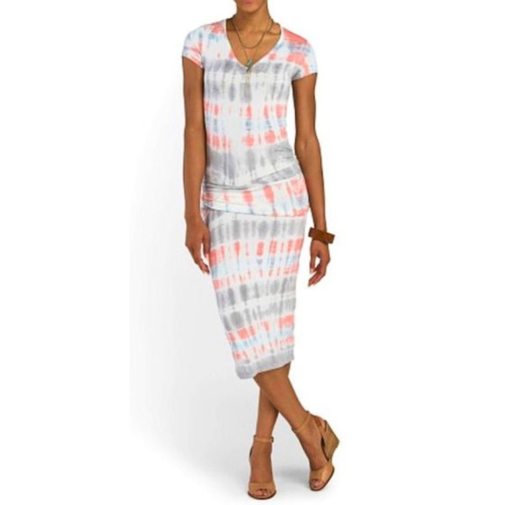 Young Fabulous Broke Araya Midi Dress V-Neck Tie-Dye Ruched Shirred Gathered S